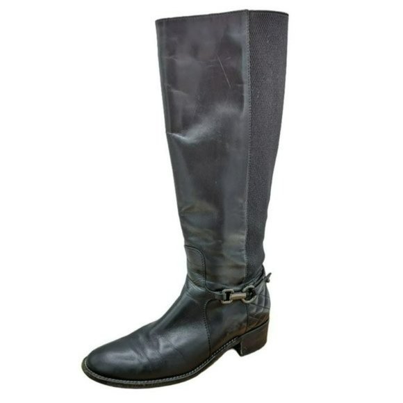 Aquatalia Oralie Equestrian Boot 7.5 Black Leather Stretch Knee Side Zip Quilted